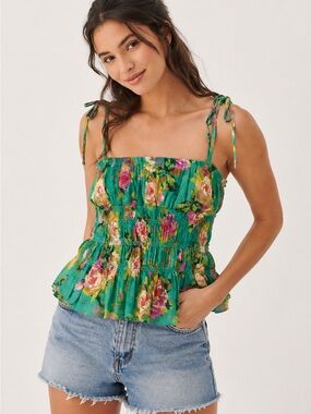 J.Crew Floral Smocked Tie Strap Tank Top Green Multicolor Medium Cotton